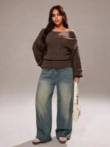 Rustia Plus Size Solid Color Off-Shoulder Sweater Pullover Top, Autumn/Winter - Rust Brown - View 3