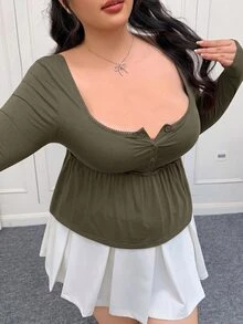 SHEIN EZwear 大尺碼女款純色抓皺休閒百搭日常長袖T恤 - 軍綠色 - 查看 4