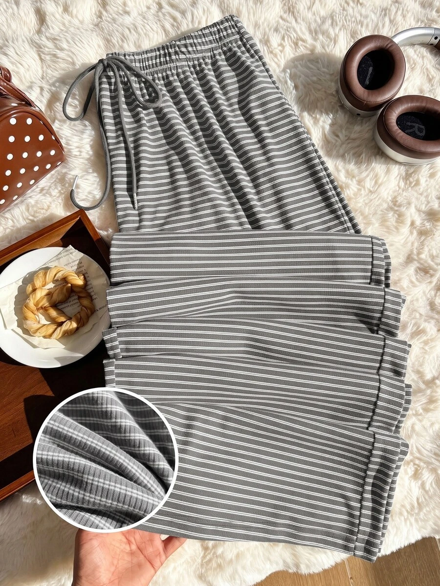 Comfortcana Autumn/Winter Grey Striped Casual Versatile Drawstring Plus Size Pants - Grey - View 1