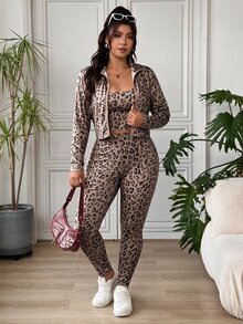 SHEIN EZwear Plus Size Women Leopard Print Inner Layer And Long Sleeve Top And Leggings Casual Daily Outfit Set - Brown - View 7