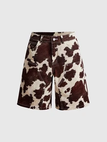 ROMWE Street Life Women's Sexy Cow Print Button Pocket Denim Shorts - Multicolor - View 1