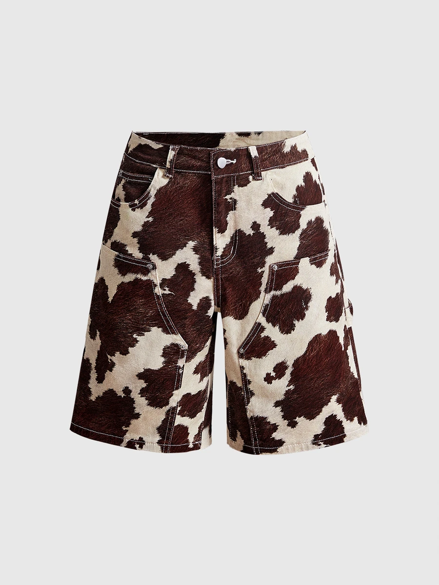 ROMWE Street Life Women's Sexy Cow Print Button Pocket Denim Shorts - Multicolor - View 1