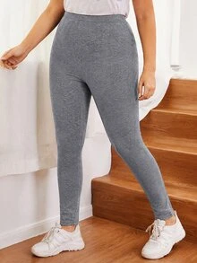 SHEIN EZwear 大尺碼女款休閒深灰色內搭褲，秋冬款 - 深灰色 - 查看 4