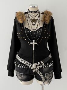 Sunspun Plus Size Women's Fashion Fur Collar Fitted Zip-Up Hooded Sweatshirt With Cross Winter - Black - View 8