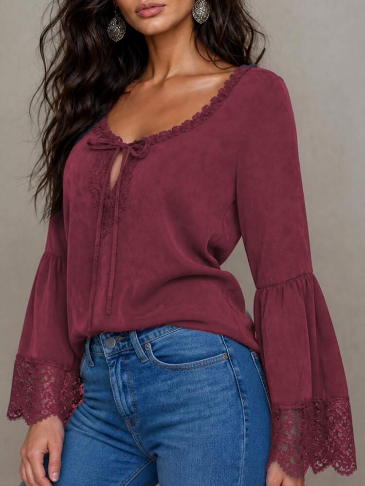 LUMIGAL Women's Patchwork Lace Long Sleeve Square Neck Tie Bell Sleeve Blouse - Burgundy - View 4