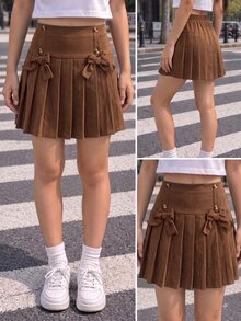 Tween Girls Brown Pleated Mini Skirt, Bow Button Decor A-Line Skirt, Sweet Preppy Style For Autumn - Rust Brown - View 3