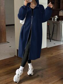 SHEIN EZwear 女款中長版保暖內裡連帽夾克，秋冬新款系列 - 藏蓝色 - 查看 4