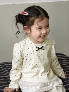 DAZY Infant/Toddler (Girl) Round Neck Polka Dot Korean Style Long Sleeve Top - Apricot - View 8