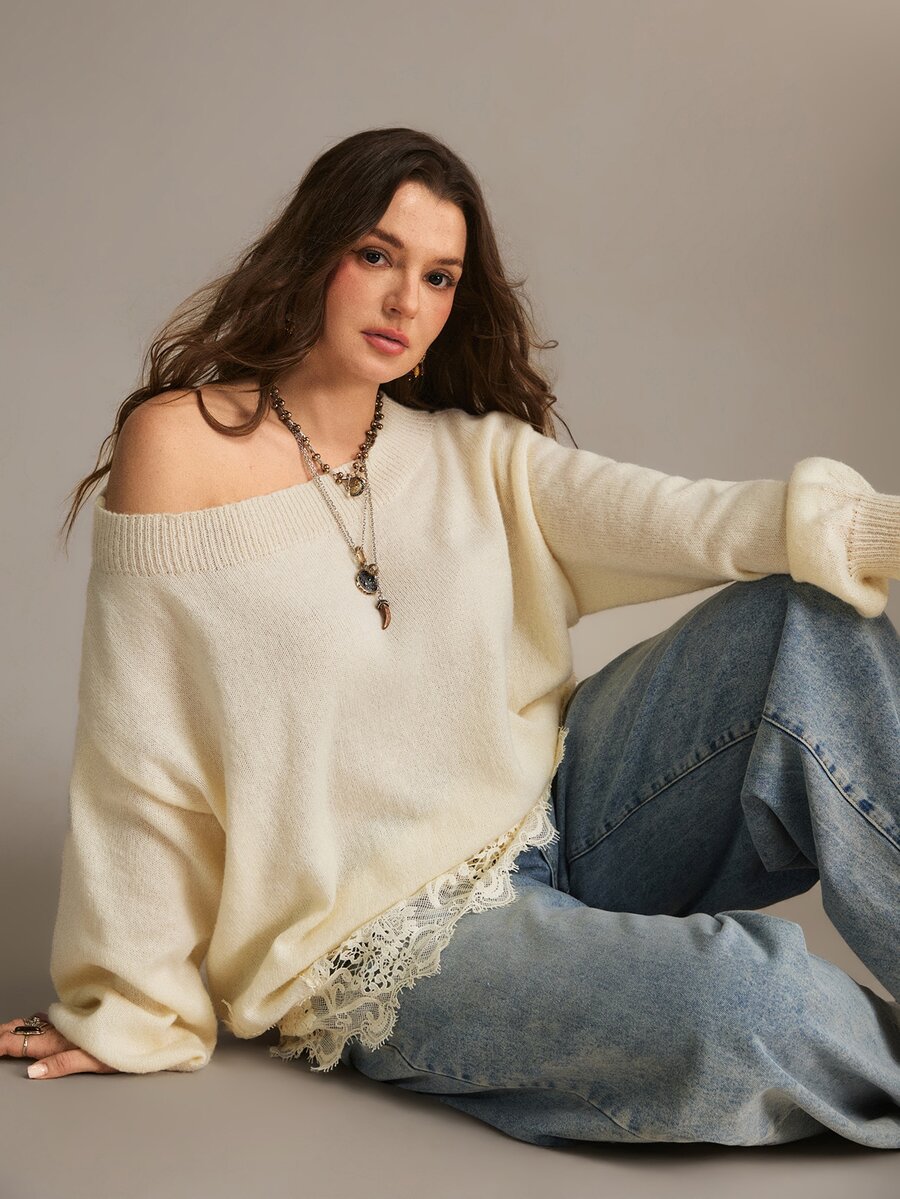 Freevana Plus Size Women's Solid Color Asymmetrical Shoulder Casual Everyday Long Sleeve Sweater - Beige - View 1