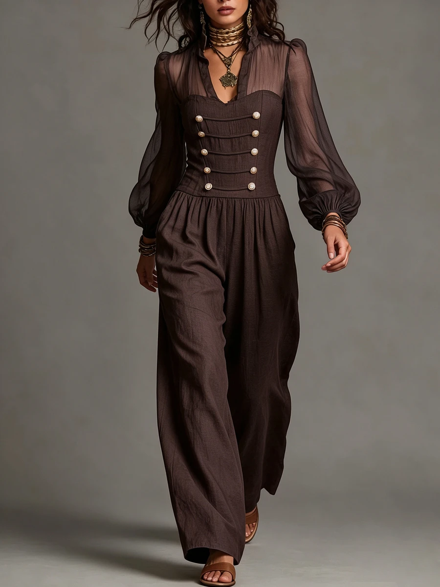 SHEIN Maillard Vintage Style Mesh Petal Sleeve Jumpsuit For Women ...