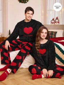 CoupledUp Women's Thick Plush Twisted Knit Heart & Letter Embroidered Long Sleeve Top And Heart Print Long Pants Pajama Set - Black - View 2