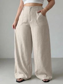 Dazy Plus High Waist Apricot Solid Color Large Pocket Loose Straight Leg Wide Leg Linen Pants - Apricot - View 3