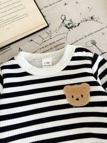 SHEIN Vintaside Kids 2件組新生女嬰衛衣褲套裝，可愛黑白條紋熊貼布，毛絨長袖圓領加厚款，秋季節慶穿搭，彈性羅紋下擺 - 黑與白 - 查看 6