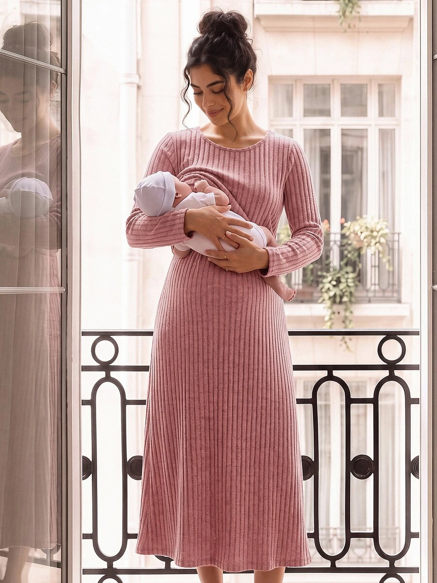 GentleRue Maternity Maternity Long Sleeve Round Neck Double Layer Top A-Line Hem Ribbed Fabric Dress Fall Homewear Breastfeeding Pink Casual Cropped - Dusty Pink - View 1