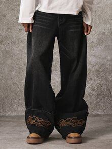 ROMWE MEN Street Life Vintage Retro Washed Denim Fashion Cat Whisker Heavy Embroidery Versatile Jeans - Black - View 6