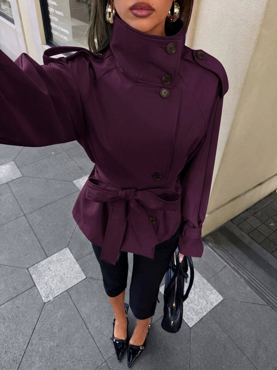 Aloruh 女款街頭風鈕扣高領長袖夾克 - 紫色 - 查看 1