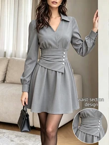 Modelyn Women's Elegant Casual Versatile Light Gray V-Neck Shirt Sleeve Waist Panel Button Design Short Dress For Spring And Autumn, Suitable For Daily Wear And Parties - Light Grey - View 2