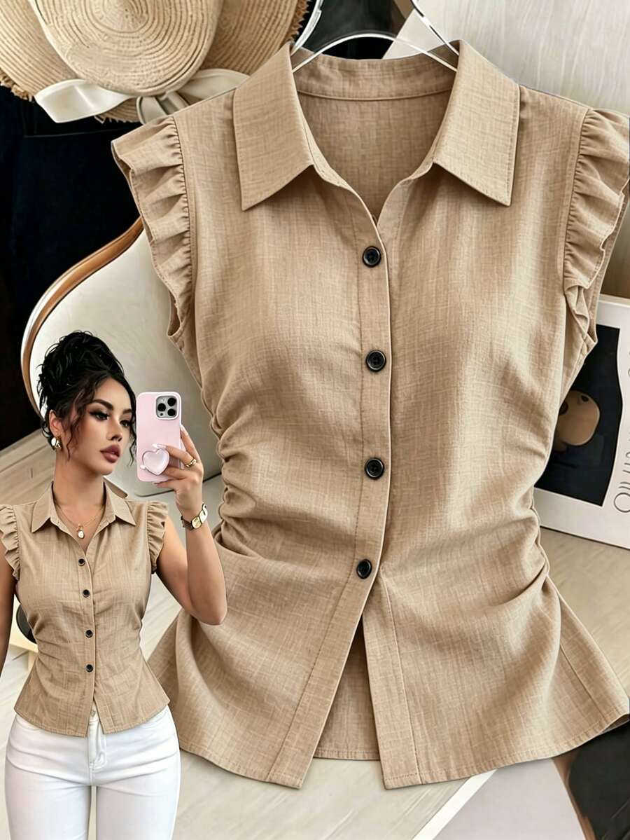 GlowEve 女款秋季服飾 女裝襯衫與上衣 - 卡其色 - 查看 1