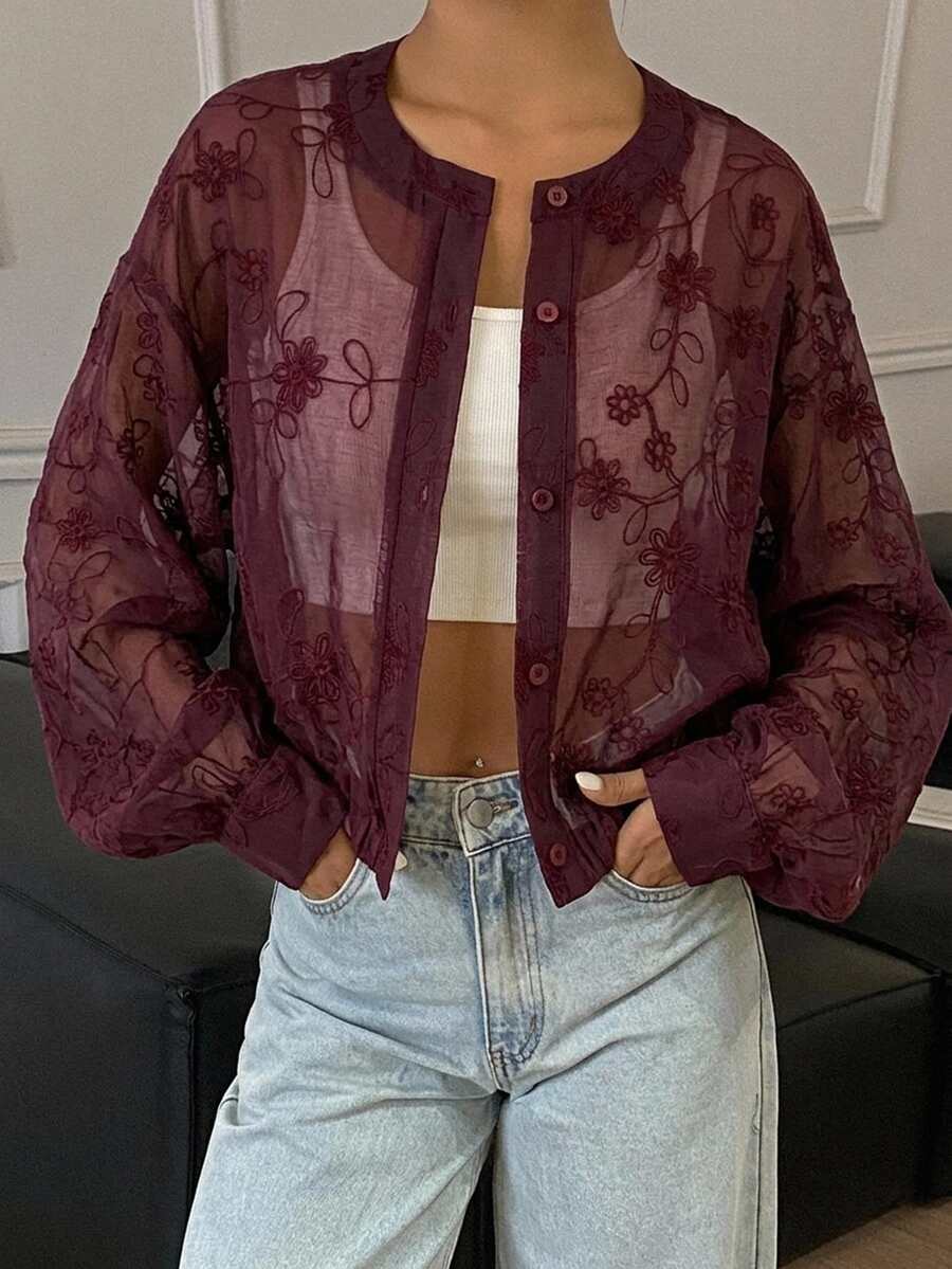 DAZY 女款圓領長袖半透蕾絲布料優雅鈕扣開襟襯衫 - 酒紅色 - 查看 1