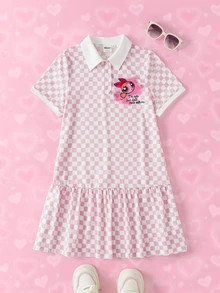 THE POWERPUFF GIRLS X SHEIN Tween Girl Polo Collar Checkered Short Sleeve Ruffle Hem Dress - Pink - View 1