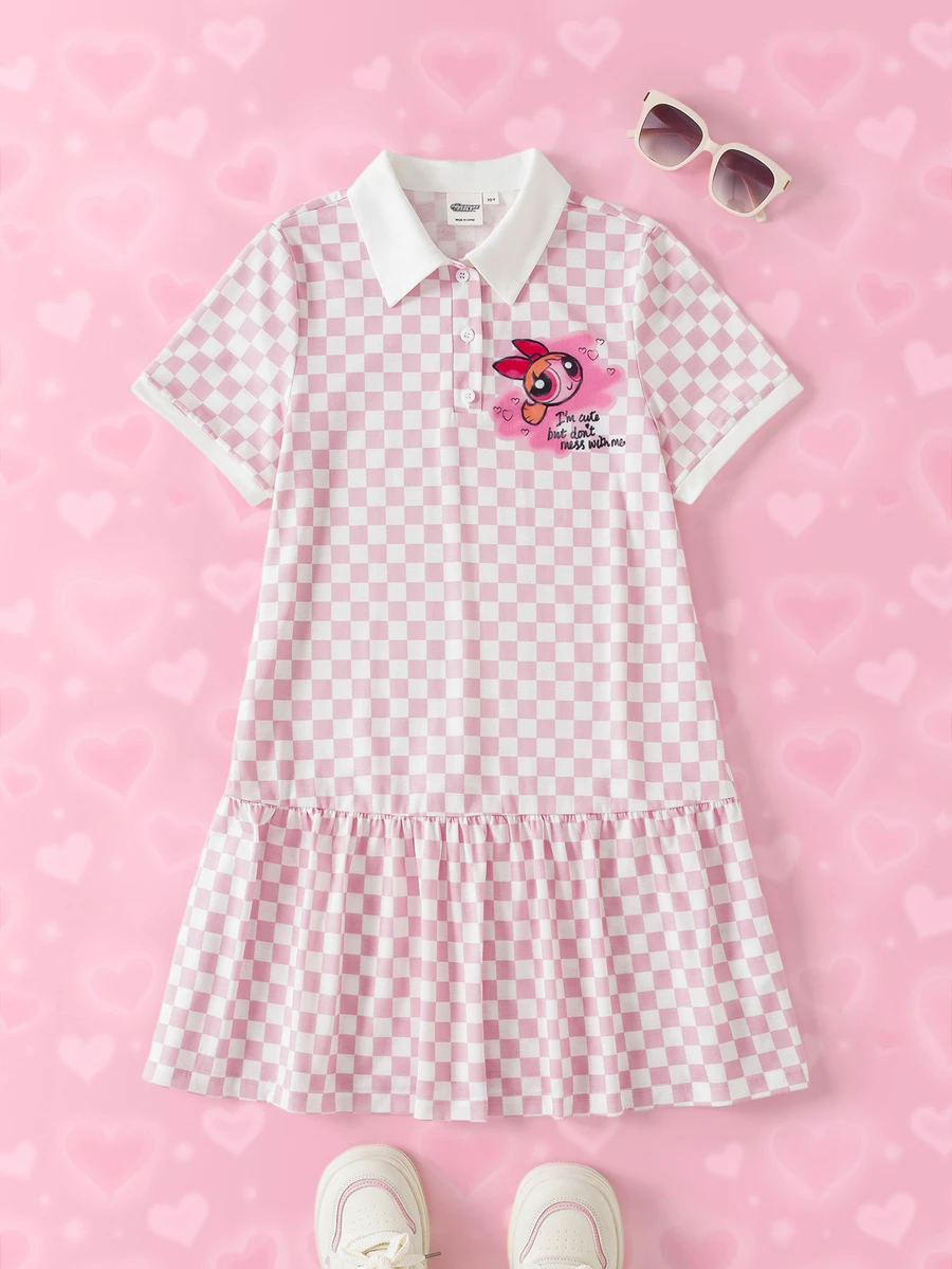 THE POWERPUFF GIRLS X SHEIN Tween Girl Polo Collar Checkered Short Sleeve Ruffle Hem Dress - Pink - View 1