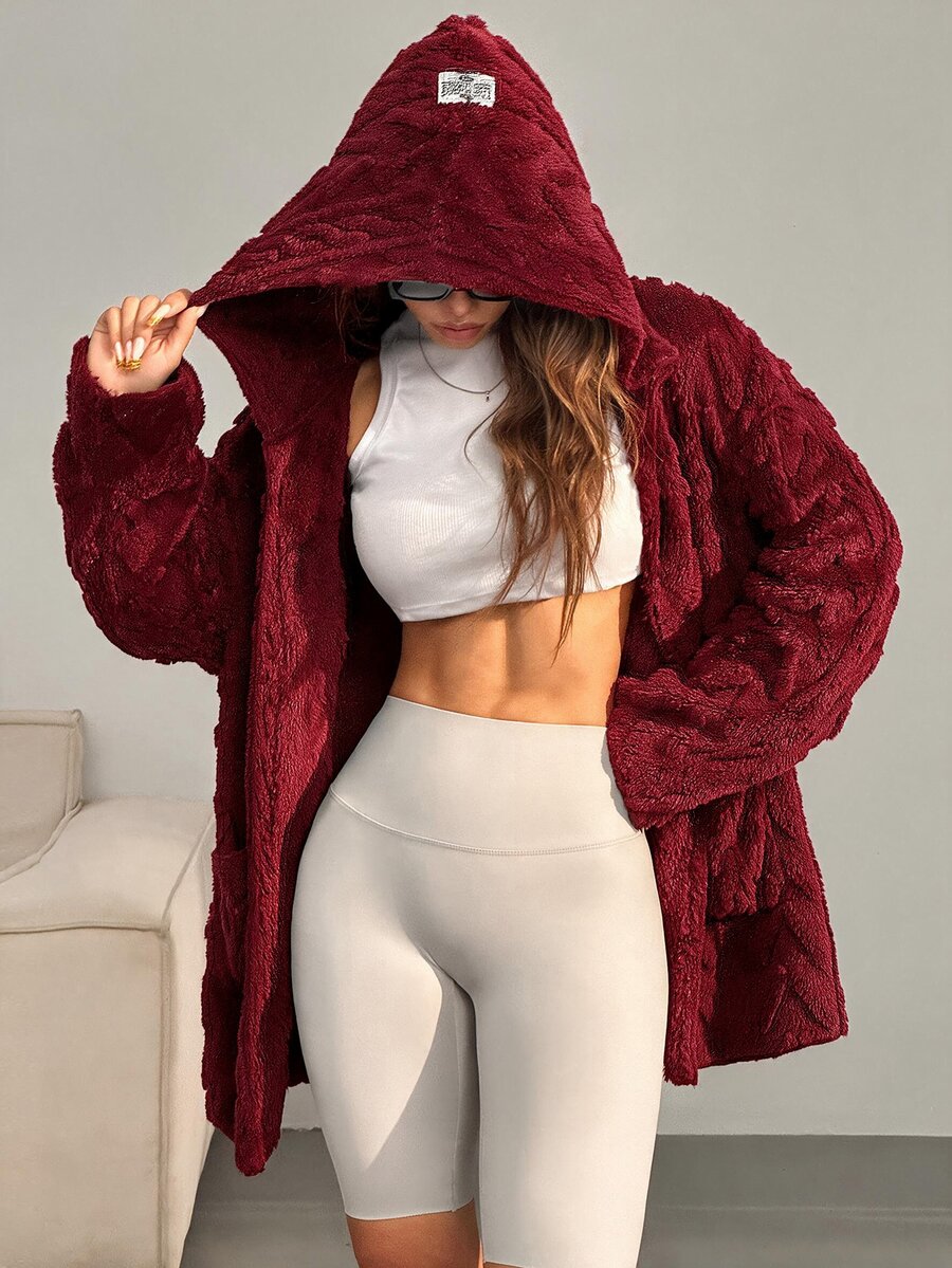 SHEIN EZwear 冬季寬鬆休閒白色凹凸毛絨落肩口袋拼接長袖連帽外套 - 酒紅色 - 查看 1
