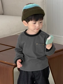 DAZY Infant (Boy) Round Neck Solid Color Spring/Autumn Top - Dark Grey - View 5