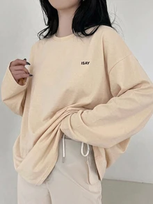 DAZY 女款字母印花圓領套頭長袖T恤，適合日常穿著 - 米色 - 查看 5