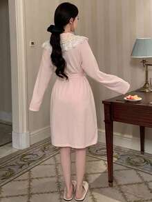 DAZY Women's Lace Patchwork Lapel Cardigan Long Sleeve Robe - Pink - View 2