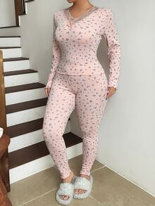 Dazy Plus 2pcs/Set Elegant Pink Ditsy Floral Long Pants Loungewear Pajama Set - Pink - View 8