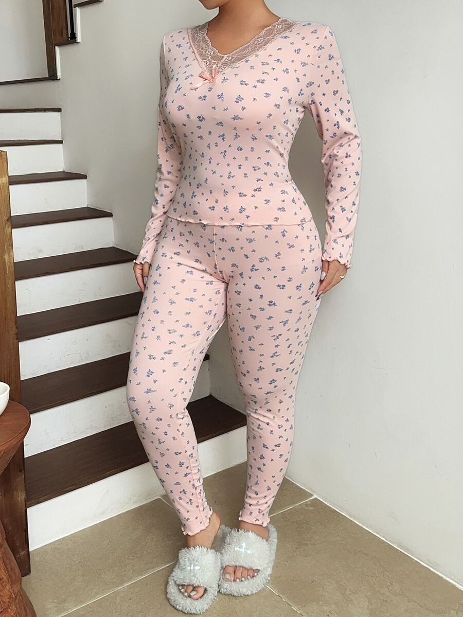 Dazy Plus 2pcs/Set Elegant Pink Ditsy Floral Long Pants Loungewear Pajama Set - Pink - View 1