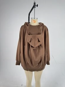 SHEIN Solid Color Long Sleeve 3-In-1 Maternity Jacket For Home Pregnancy Vacation, Autumn/Winter Brown Dressy Baggy - Coffee Brown - View 9