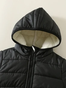 SHEIN 男嬰秋冬黑色保暖內裡加厚連帽長袖棉襖外套，百搭舒適，適合作為兒童聖誕禮物，完美適用於外出與節日穿著 - 黑色 - 查看 5