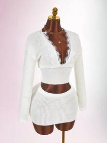 Amplova Women's Lace Patchwork Deep V-Neck Long Sleeve Top And Knit Mini Skirt 2 Pieces Set - White - View 5