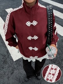 Muchica 女款拼色拉鍊休閒百搭日常旅行長袖夾克 - 酒紅色 - 查看 3