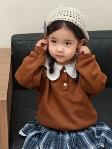 Dazy Kids Spädbarn (flicka) färgblockig långärmad sweatshirt i koreansk stil för vår/höst och vinter - Kaffebrun - Visa 10