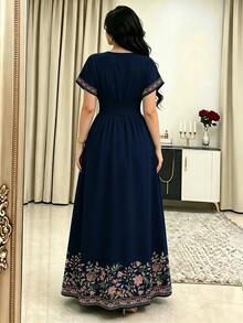 Modelyn 花卉仿刺繡V領短袖收腰長洋裝，舒適夏季女裝，適合日常與外出穿著 - 彩色 - 查看 2