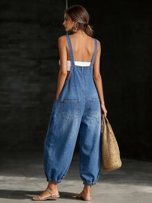 LUMIGAL Plus Size Vacation Button Denim Overalls For Daily Wear - Blue - View 2