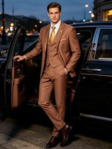 EGENSIO Men's Solid Color Single-Breasted Vest, Long Sleeve Jacket And Trousers Fashion Suit 3 Pieces Set - Coffee Brown - View 6