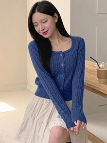 DAZY 女款素色休閒百搭日常穿搭開襟衫 - 藍色 - 查看 4