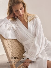 Ocili Women's Solid Color Pure Cotton Minimalist Daily Tie-Up Comfortable Long Sleeve Loungewear Robe Housecoat - White - View 1