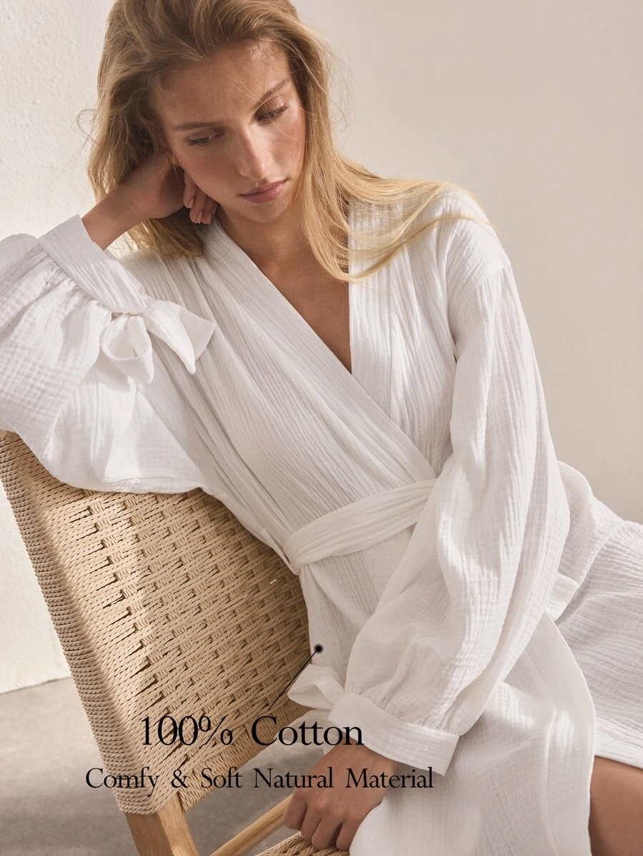 Ocili Women's Solid Color Pure Cotton Minimalist Daily Tie-Up Comfortable Long Sleeve Loungewear Robe Housecoat - White - View 1