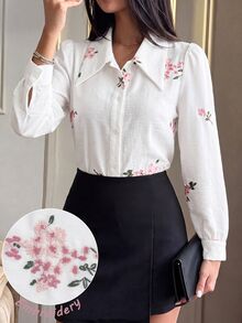 Modelyn Spring/Autumn Pink Embroidered Button-Front Shirt With Collar - Multicolor - View 6