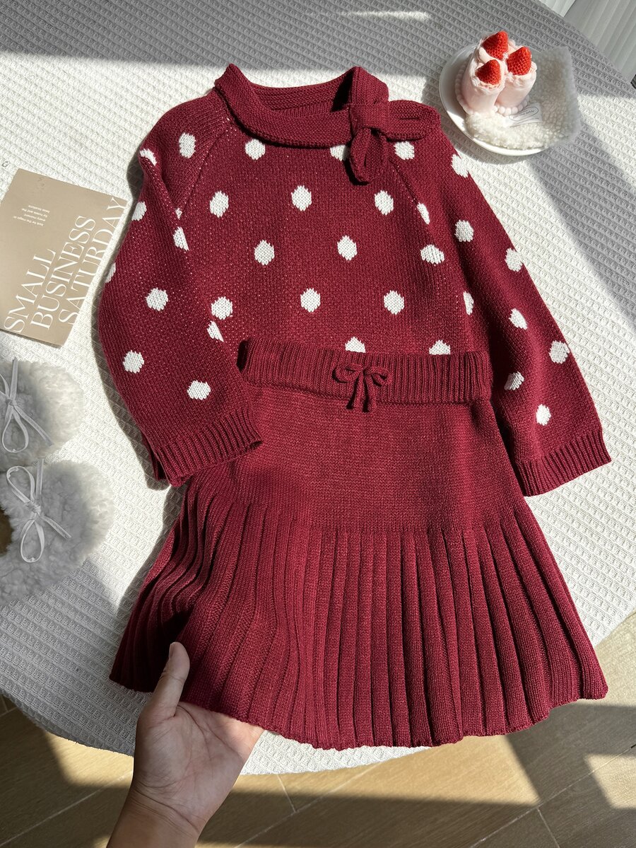 Young Girl Fashion Jacquard Long Sleeve Sweater And Pleated Mini Skirt Set For Outing - Red - View 1