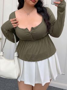 SHEIN EZwear 大尺碼女款純色抓皺休閒百搭日常長袖T恤 - 軍綠色 - 查看 5