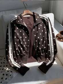 Comfortcana Women's Polka Dot Side Stripe Zipper Front Casual Sweatshirt Jacket - Brown - View 4
