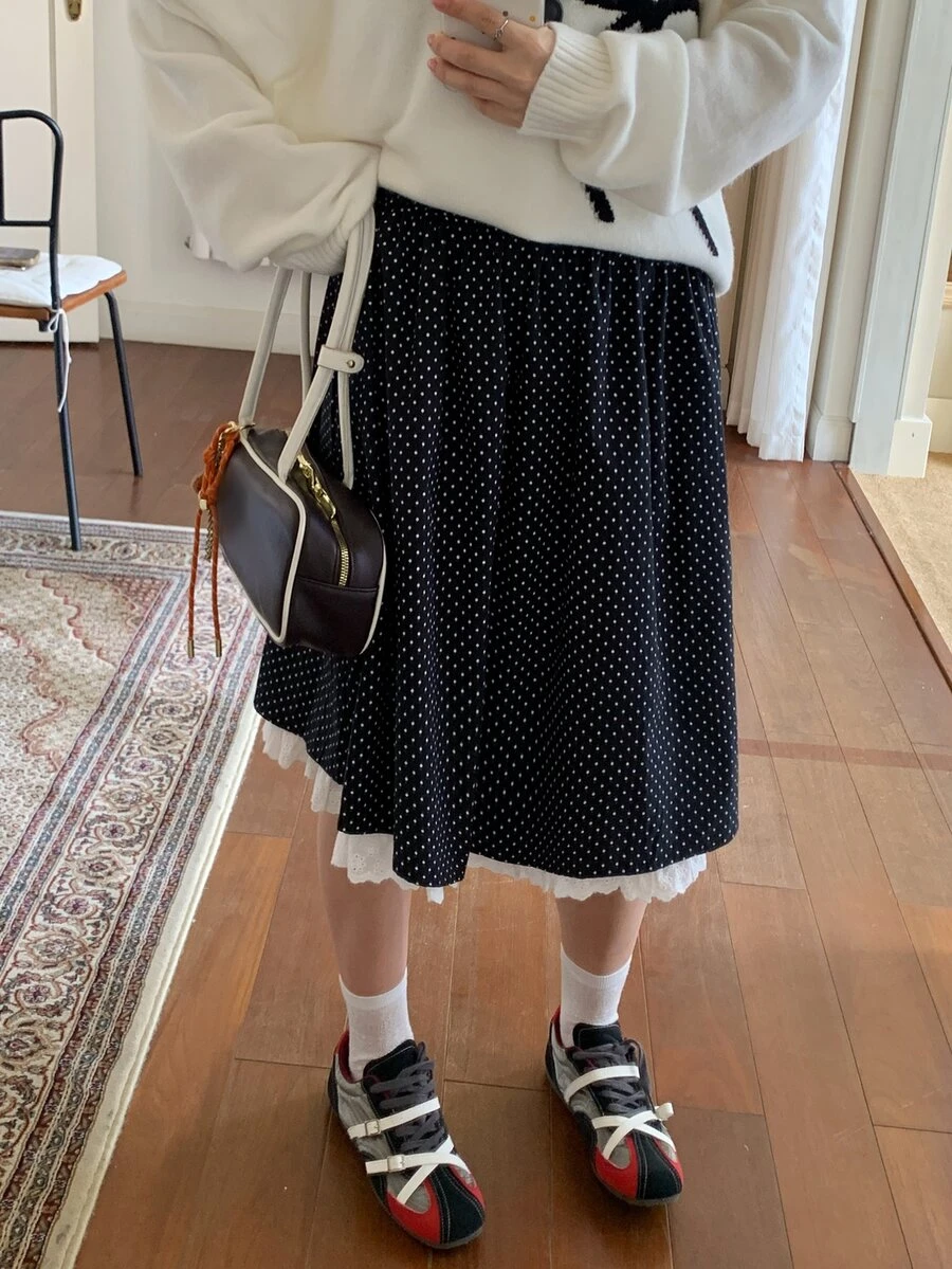 Dazy Plus Plus Size Women Korean Style Polka Dot Print Contrast Lace Trim Elastic Waist A-Line Skirt - Navy Blue - View 1
