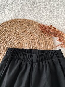 SHEIN 1件少女秋冬復古休閒黑色純棉布直筒寬腿長褲，側面飾有3D蝴蝶結，適合春秋日常外出 - 黑色 - 查看 6