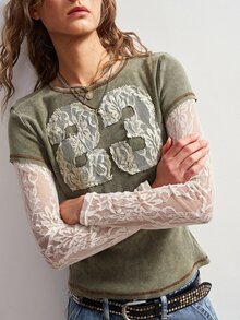 Bohemela Women's Letter Contrast Lace 2 In 1 Casual T-Shirt - Green - View 5
