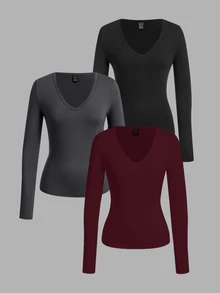 SHEIN EZwear 3件組女款純色V領長袖休閒T恤 - 彩色 - 查看 1